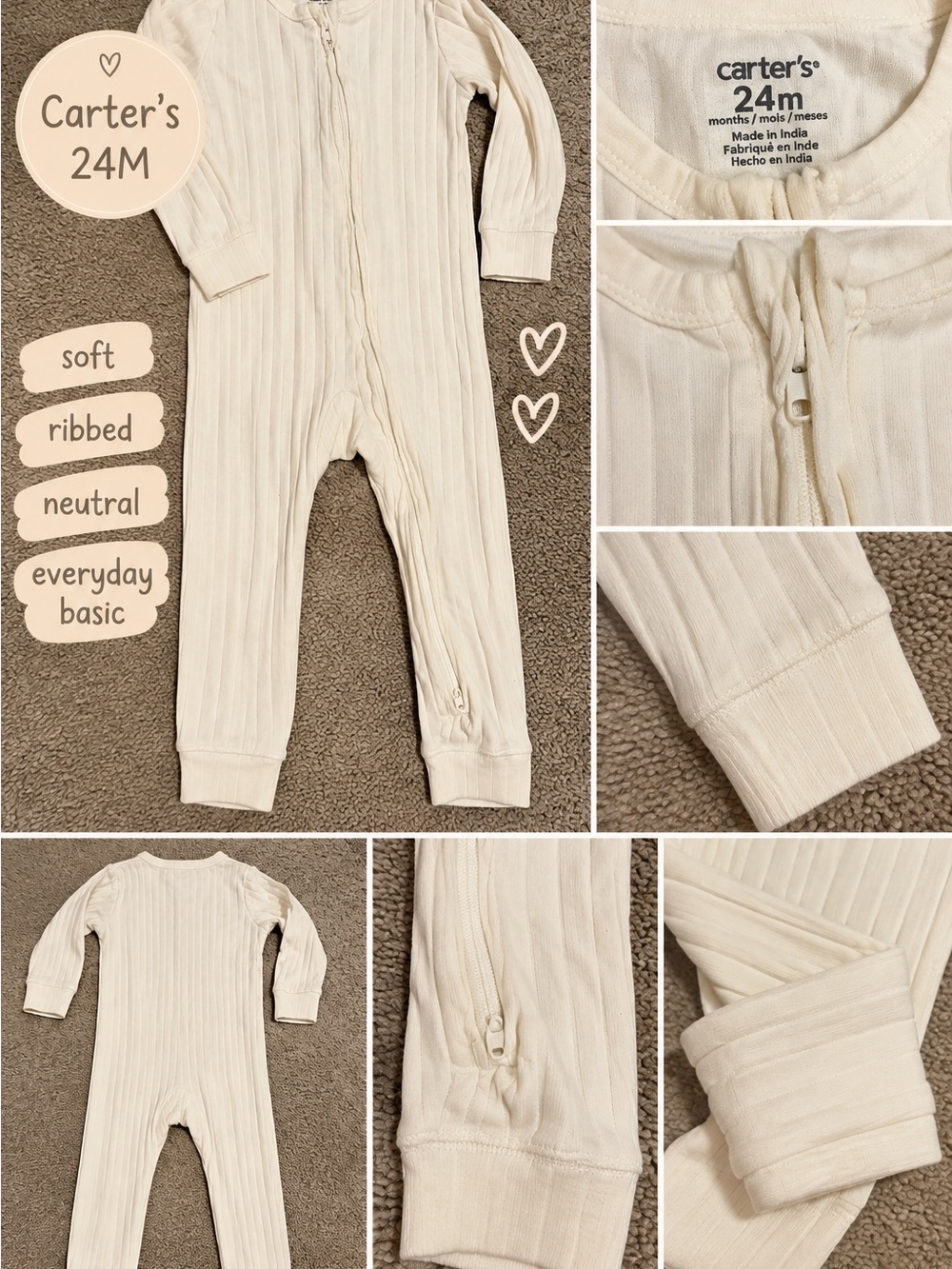 Carter's Ivory Ribbed Zipper One-Piece Bodysuit